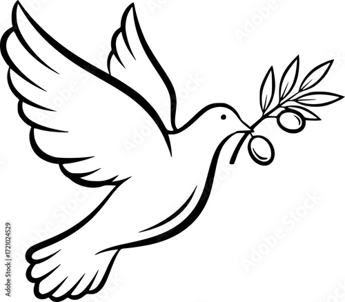 a simple line drawing of a dove with an olive branch in its beak, minimalism, black and white, clean lines, vector graphic