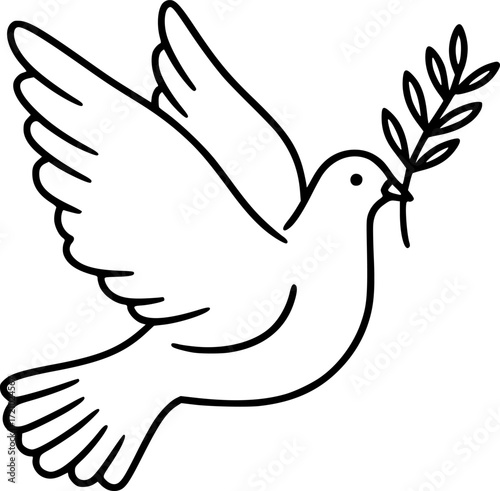 a simple line drawing of a dove with an olive branch in its beak, minimalism, black and white, clean lines, vector graphic