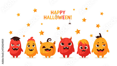 Happy Halloween Monsters: A vibrant Halloween scene with whimsical monster characters. Featuring pumpkins, stars and a spider, it radiates festive fun and seasonal spirit.