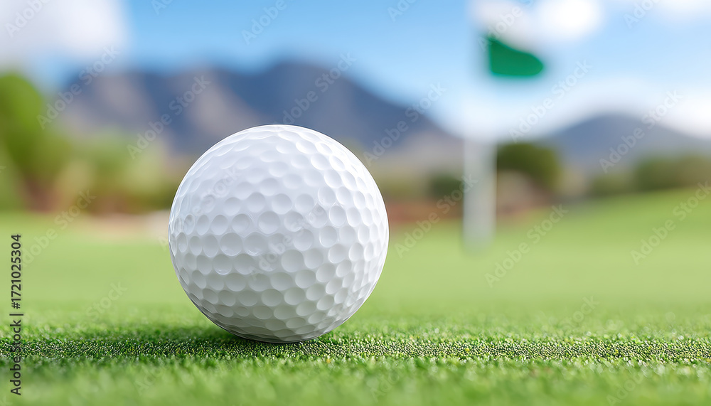 Obraz premium Golf ball close up on green grass with flag in background on golf course under blue sky with mountain view