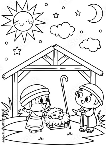 line art shepherds arriving at the stable with lam.eps