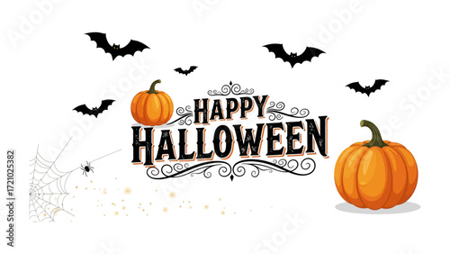 Happy Halloween Scene: A whimsical Halloween scene features pumpkins, bats, and a spider web set against a backdrop, perfect for invitations, decorations and holiday content.