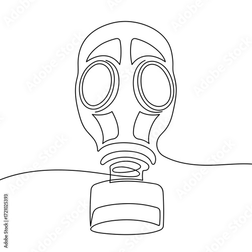 Continuous line drawing of gas mask. Minimalist black linear sketch isolated on white background. Hand drawn vector illustration.