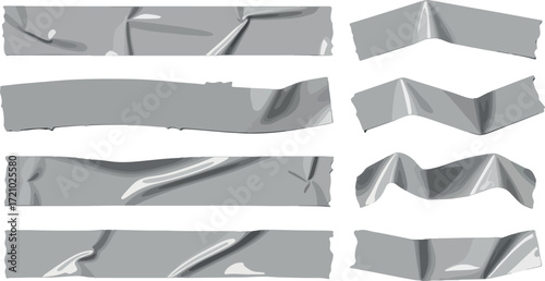 Collection of realistic gray duct tape strips in various shapes and crumpled textures for graphic design elements and creative projects