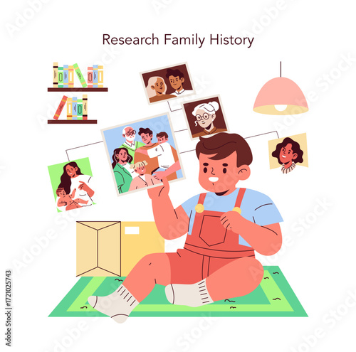 Child Exploring Family History in Vector Illustration