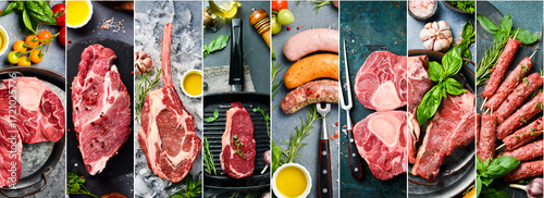 Food collage. Various raw meats, steaks and sausages. Wide format banner.