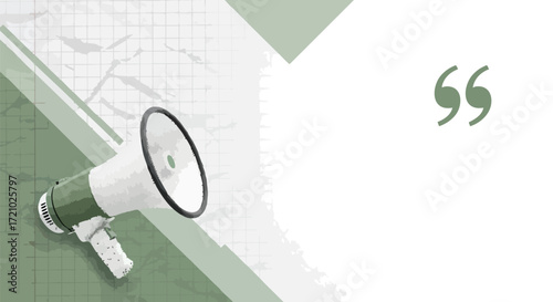 A green and white megaphone on a modern graphic background with geometric shapes and quotation marks, symbolizing communication and announcements.
