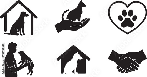 Collection of Animal Care and Shelter Icons Including Dogs Cats and Paw Prints house