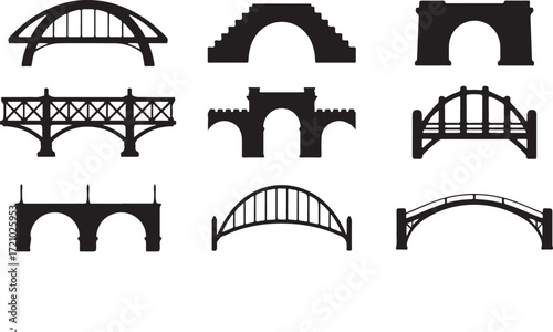 Collection of Black Bridge Silhouettes on White Background architecture structure