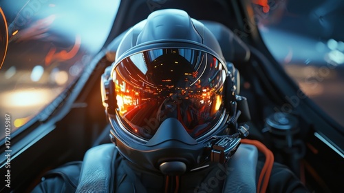 Fototapeta Naklejka Na Ścianę i Meble -  Pilot in a sleek cockpit wearing a futuristic helmet, ready for takeoff amidst vibrant lights and a high-tech environment