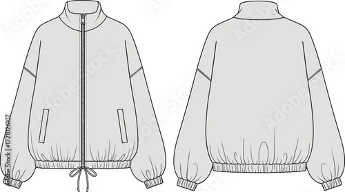 Cad drawing flat vector illustration of a modern windbreaker jacket, fashion technical sketch, front and back view, unisex design