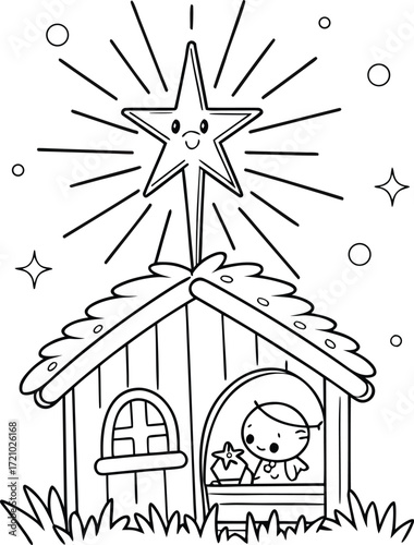 line art star of bethlehem shining over the stable.eps
