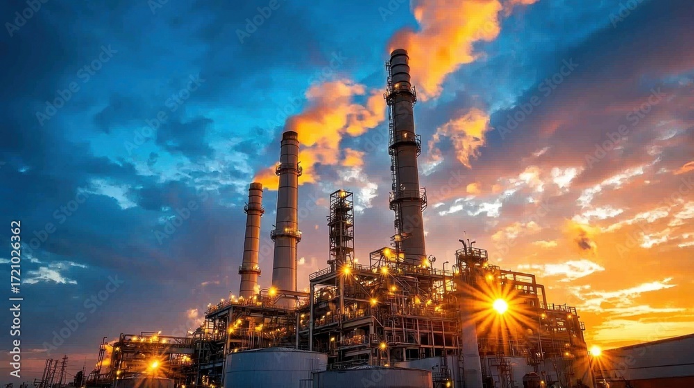 Fototapeta premium Industrial landscape at sunset showcasing a power plant with smokestacks, vibrant clouds, and glowing lights