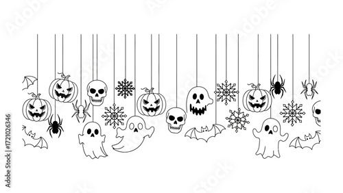 Haunted Halloween Garland: A spooky garland adorned with grinning pumpkins, ghostly apparitions, spider, skull and other eerie decorations. This image evokes a sense of playful fright for Halloween.