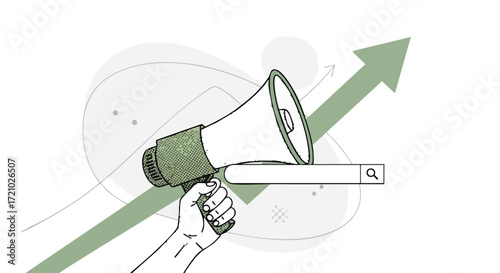 Hand holding a megaphone with a search bar and an upward arrow, representing marketing and growth.