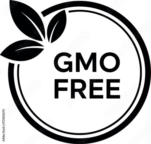 Simple, clean graphic seal indicating GMO free product with leaves and circle design