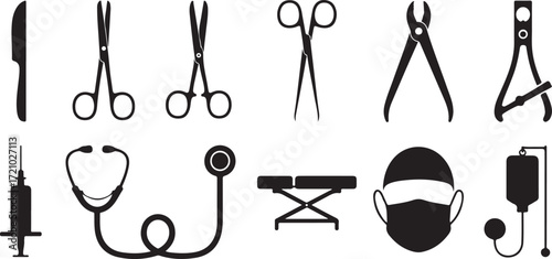 Medical and Surgical Instrument Icons Including Syringe Stethoscope and Scalpel tool