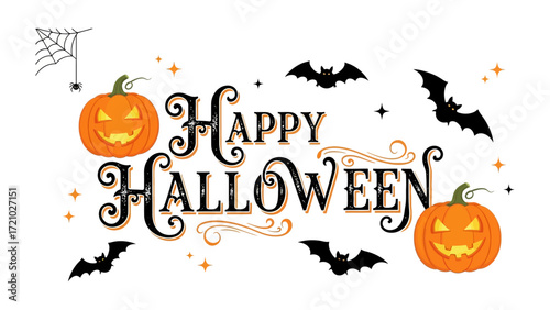 Happy Halloween Greeting: Festive Halloween elements, including jack-o'-lanterns, bats, and spiderwebs, come together to create a captivating holiday design.