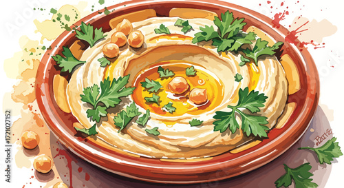 Colorful hummus dish illustration garnished with parsley and chickpeas, symbolizing Mediterranean cuisine, healthy lifestyle, and authentic dining culture