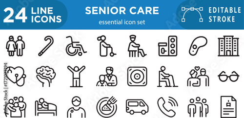 Senior Care Line Icons Essential Icon Set Editable Stroke elderly collection