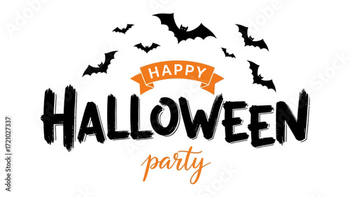 Halloween Party Greeting: Spooky and festive design to promote the upcoming Halloween party, includes bats, banner and creative calligraphy to invite people to celebrate the magical event!