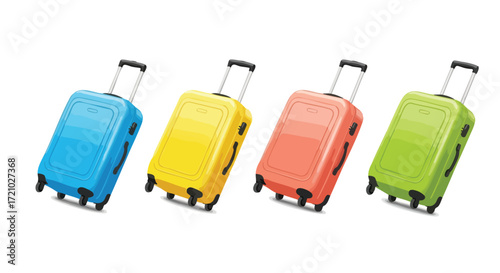 Colorful rolling suitcases ready for exciting travel adventures and vacation planning, perfect for getaway marketing and holiday inspiration.