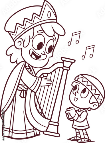 line art young david playing a harp for king saul .eps
