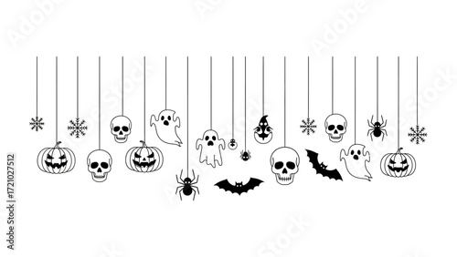 Spooky Hanging Decorations: A minimalist illustration of Halloween decorations suspended from above, including jack-o'-lanterns, ghosts, spiderwebs, skulls, spiders and bats.