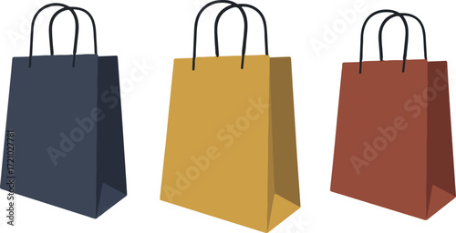 Three colorful shopping bags in a row against a representing retail therapy and consumerism with a modern minimalist aesthetic for ecommerce and online shopping promotions