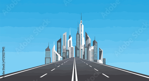 Vector futuristic city illustration with tall skyscrapers and highway, symbolizing modern architecture, progress, and innovative urban lifestyle