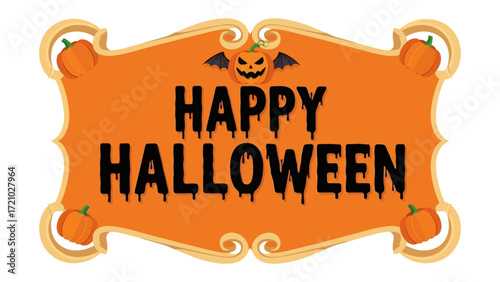 Festive Halloween Sign: Capturing the essence of Halloween with a spooky orange banner adorned with pumpkins and a wicked grinning jack-o'-lantern.