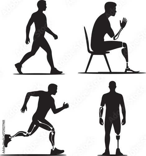 Silhouettes of Men with Prosthetic Limbs Engaged in Various Activities on White Background amputation