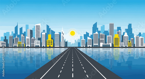 Modern futuristic city skyline vector with highway and sunlight, symbolizing progress, architecture, metropolitan lifestyle, and visionary culture