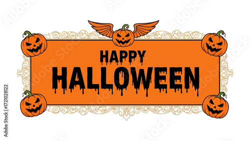 Happy Halloween Banner: A festive banner, adorned with cheerful jack-o'-lanterns and playful embellishments, announces the spooky season, radiating the festive spirit of Halloween.