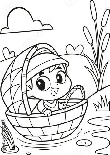 line art young moses floating in a basket on the n.eps