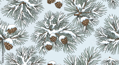 Seamless snowy pine branches with cones pattern illustration, symbolizing holiday season, winter decoration, and stylish natural festive design