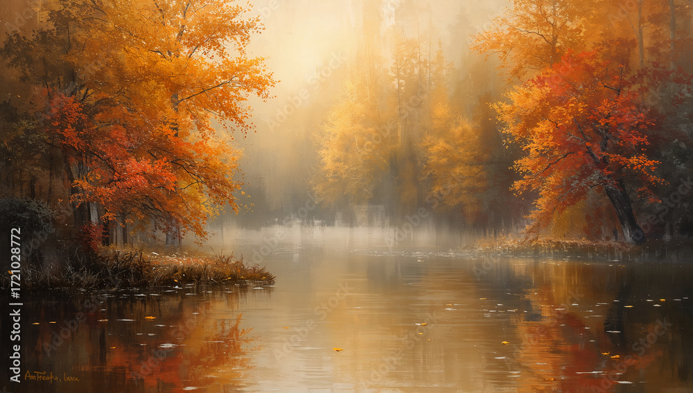 Obraz premium 黄金色の紅葉が水面に溶け込む穏やかな池畔を印象派のタッチで抽象化し、広告やポスターに適した上質なコピースペースを確保.生成AI