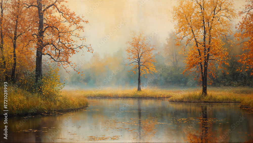 Obraz premium 霧が光を柔らかく散らす朝の池を抽象油彩で描き込み、落ち着いた彩度と広い余白が企業資料にも馴染む万能ビジュアル.生成AI