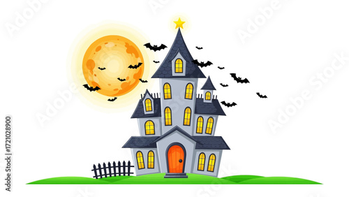 Spooky Manor: A mysterious silhouette of a grand mansion dominates the canvas, with the enchanting full moon cast a captivating spell. the epitome of Halloween elegance