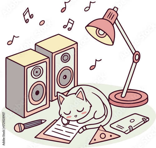 Cat Sleeping Beside Music Speakers and Notes Illustration