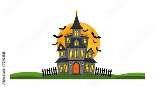 Spooky House and Night: A haunted house silhouette against a bright full moon backdrop, surrounded by fluttering bats and foreboding dark night ambiance, perfect for Halloween. 