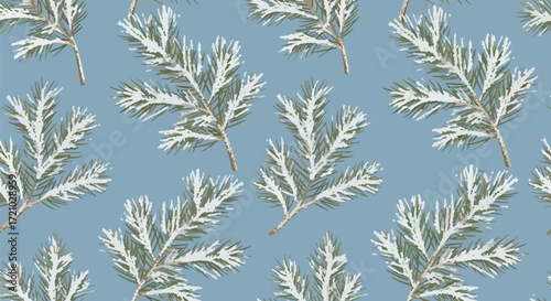 Seamless snowy pine branches with blue background illustration, symbolizing winter festive season, holiday decoration, and atmospheric seasonal mood