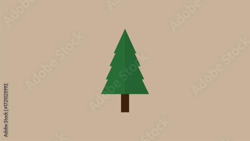 A simple green christmas tree with a brown trunk on a tan background in a minimalist style design
