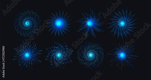 Cyber mandala icon set, blue digital fractal chakra, funnel light. Radial tunnel portal vortex effect. Futuristic tech circular sighs for firework, party, UI, logo, accent design. Vector illustration