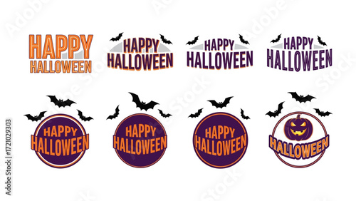 Halloween Graphics: Set of colorful and creatively designed logos and symbols, adorned with thematic bats, pumpkins, and stylish lettering, capturing the spirit of the season.
