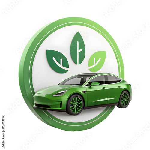 Green electric car with eco friendly leaf symbol