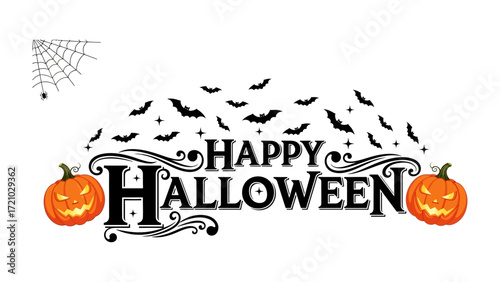 Happy Halloween: Spooky imagery. Two smiling pumpkins, menacing bat silhouettes, and a creative spider web and a spider all come together for a delightful spooky holiday. 