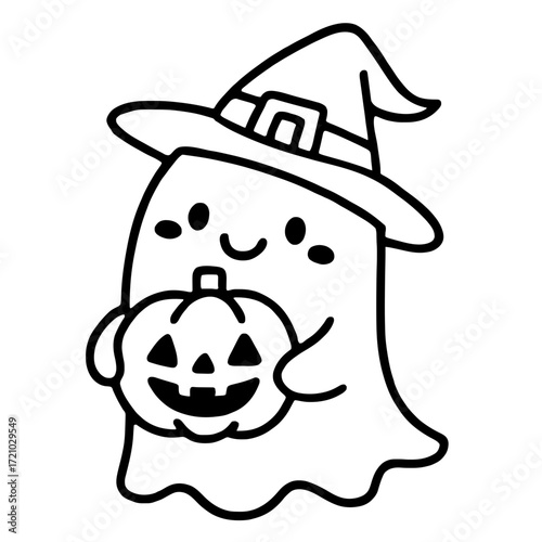 Cartoon vector ghost wearing witch hat and holding a smiling pumpkin. Black and white line art. Perfect for Halloween coloring pages, kids' crafts, party decor, and festive designs.