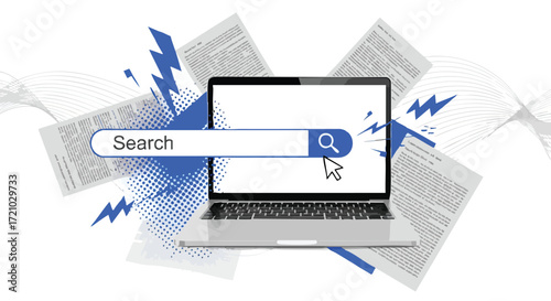 Laptop with search bar and documents, symbolizing information retrieval and online research.