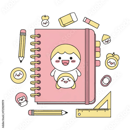 A pink spiral-bound notebook with a cartoon character design surrounded by school supplies and stationery items on a white background in a flat lay composition with bright and cheerful